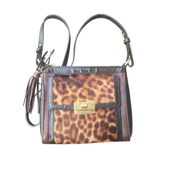 Brahmin Genuine Leather Calf Hair Leopard Print Crossbody Bag croc embossed - Picture 2 of 16